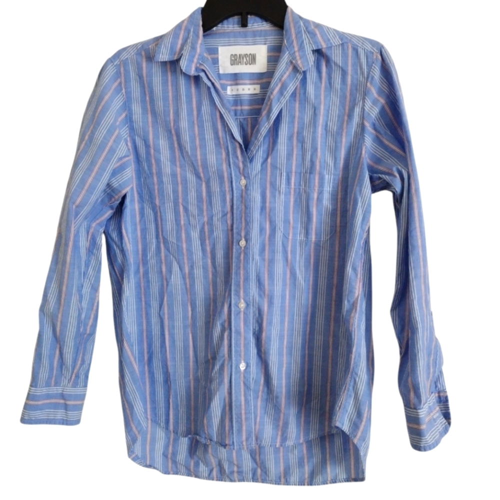 Grayson 100% cotton The Hero Striped button down shirt blue pink white XS (01)